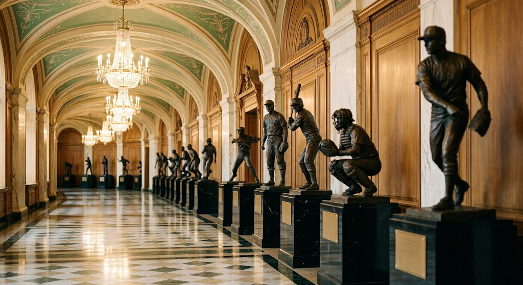 A grand hall lined with bronze statues of baseball players on marble pedestals